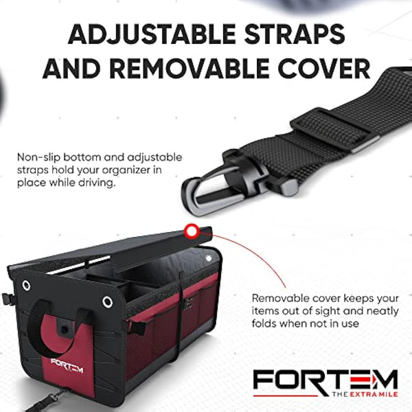 FORTEM Car Boot Organiser, Car Boot Tidy, Car Boot Storage, Collapsible Multi Compartment Car Organiser, Non Slip Bottom, Adjustable Securing Straps, Soft Cover (2 Compartments, Red)