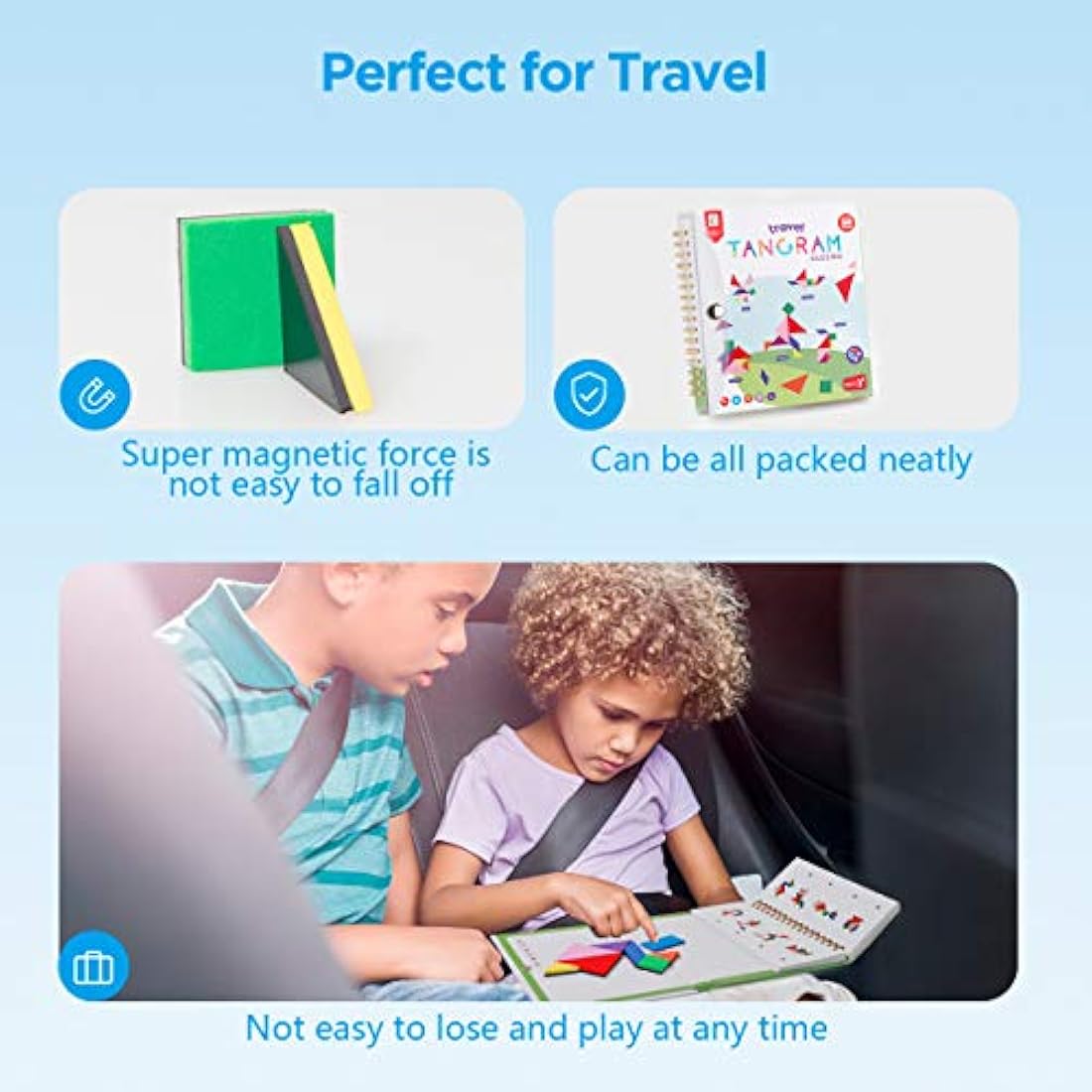 Coogam Travel Tangram Puzzle with 3 Set of Magnetic Tangram - Road Trip Tangoes Jigsaw Shapes Dissection Games with Solution - IQ Book Educational Toy Brain Teaser Gift for Kid Adult Challenge