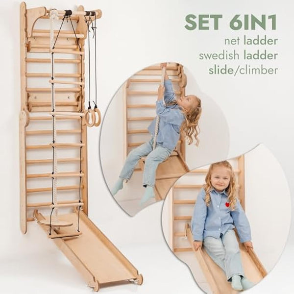 6-in-1 Wooden Swedish Wall & Slide Set – Versatile Indoor Climbing Frame for Kids, Includes Ladder, Slide Board, and Monkey Bars – For Ages 2-12