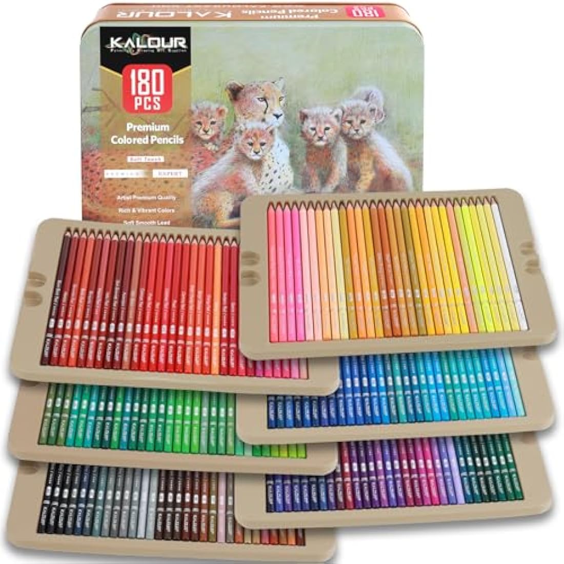 KALOUR PDAS 180 Colored Pencil Set for Adults & Artists, Rich Pigment Soft Core, 15 Metallic Pencils, 6 Neon Pencils, Ideal for Coloring Drawing Sketching Shading Blending, Vibrant Colors (Tin Case)