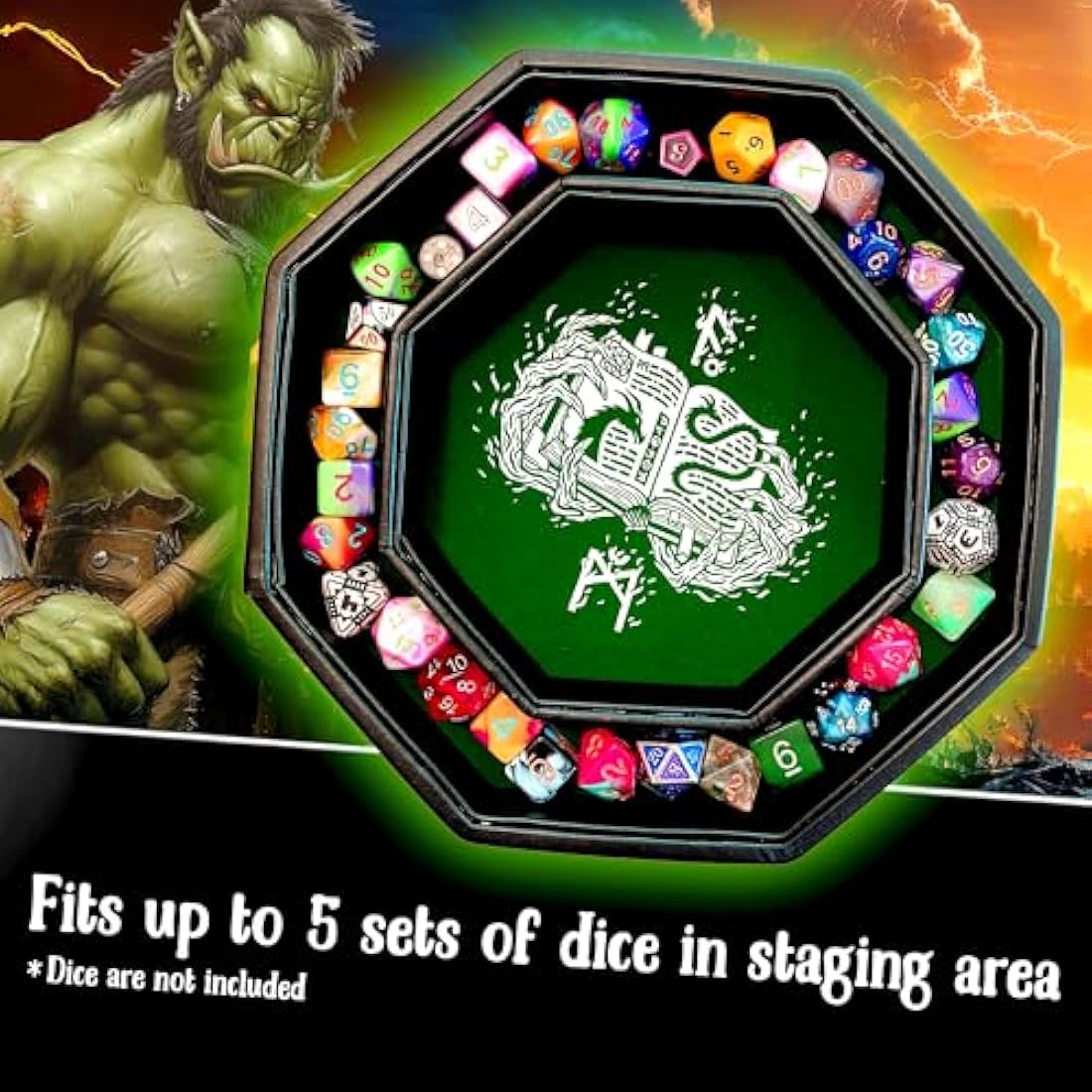 Fantasydice GREEN Fire Dragon - Dice Tray - 20CM Octagon with Lid and Dice Staging Area- Holds 5 Sets of Dice(7 / Standard) For All Tabletop RPGs Like D&D, Call of Cthulhu, Shadowrun.