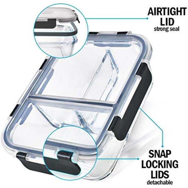 Igluu Meal Prep Glass Containers with Airtight SnapLock Lids 3 Pack 3 Compartment 980ml 33oz BPA-Free Meal Prep Containers Reusable – Borosilicate Glass, Oven Safe