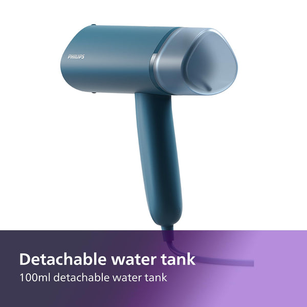Philips 3000 Series Handheld Steamer, 1000W, 20 g/min Steam, Kills Germs, Detachable 100ml Water Tank, Compact + Foldable, Plastic Plate, Blue (STH3000/26)