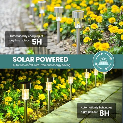GIGALUMI Solar Lights Outdoor Garden Waterproof,24 Pack,Stainless Steel LED Solar Garden Lights for Patio, Lawn, Yard and Landscape Decor, Warm White
