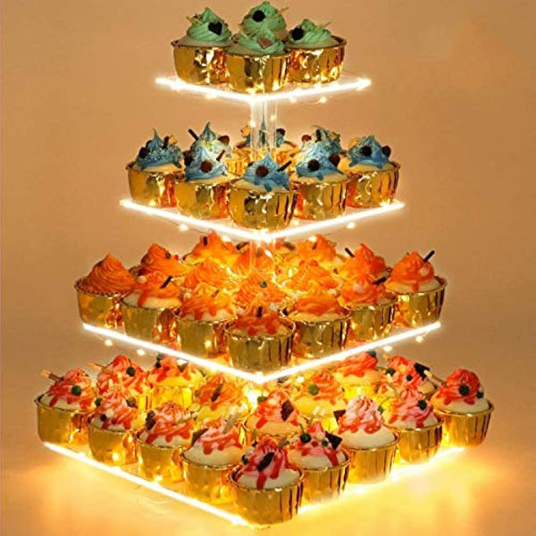 4 Tier Cupcake Stand Acrylic Tower Display with LED Light Premium Holder Dessert Tree Tower for Birthday Cady Bar Décor Weddings, Parties Events (Yellow Light)