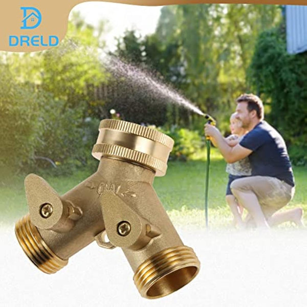 DRELD 3/4" Tap Y Splitter, Brass Tap Manifold 2 Way Garden Hose Connector Adapter with Valves and Rubbers for Outdoor, Garden, Courtyard, Lawn, Kitchen, Bathroom Standard Faucet (3/4 Y Tap)