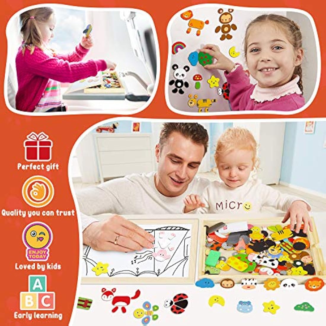 COOLJOY 100+ PCS Wooden Magnetic Puzzle, Magnetic Puzzle Board, Cute Pets Pattern Games Double Sided Jigsaw, Educational Drawing Easel Blackboard Wood Toys For Kids Up 3 Years Old Imagination