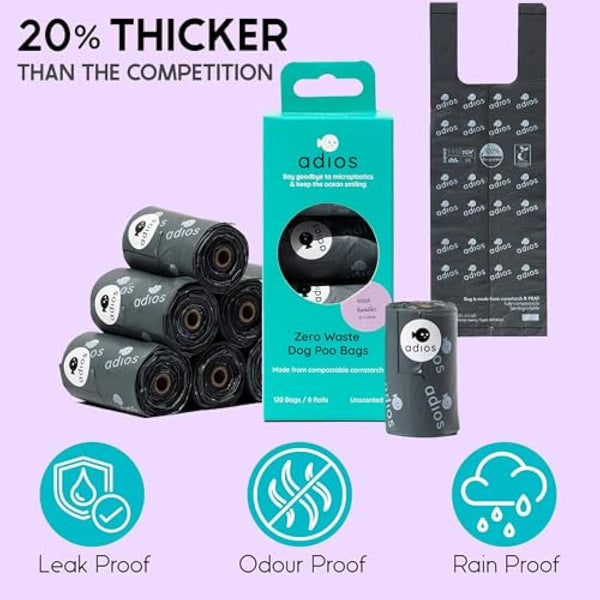 Adios Plastic - Compostable Dog Poop Bags with Handles, 360 Count (24 Rolls) - Grey - Extra Thick, Leakproof, Odour Proof Dog Waste Bags - Made from Compostable Cornstarch - Easy Tear Rolls