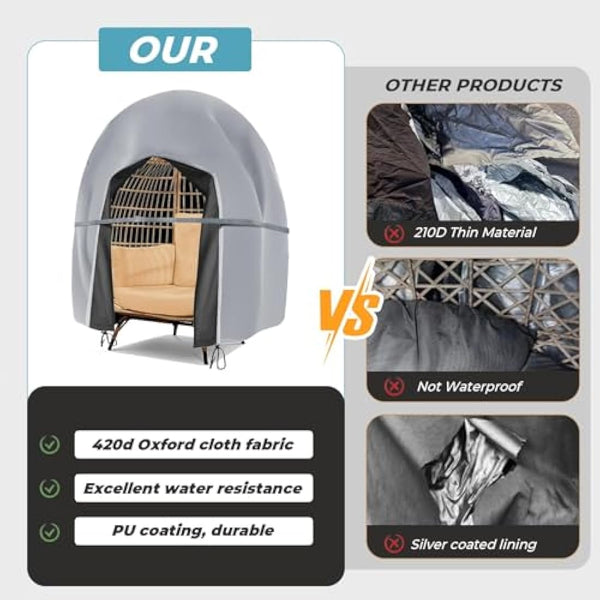 Double Egg Chair Cover Waterproof Heavy Duty Outdoor Hanging Chair Covers 420D Oxford Fabric Swing Chair Cover with Drawstrings Cocoon Egg Chair Protector Grey 230x200cm