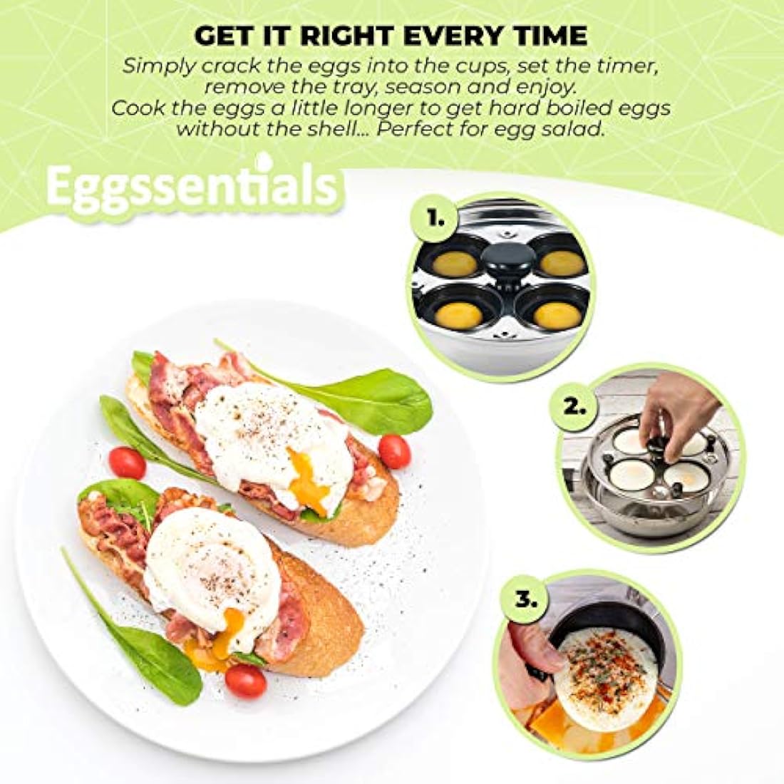 Eggssentials Poached Egg Maker - Nonstick 4 Egg Poaching Cups - Stainless Steel Egg Poacher Pan FDA Certified Food Grade Safe PFOA Free with Bonus Spatula