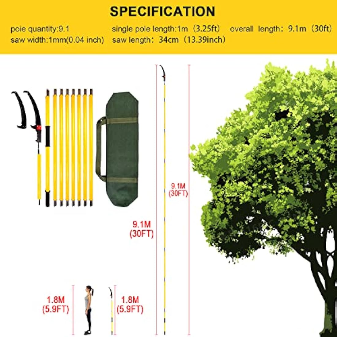 30 Feet Pruning Saw,Tree Pole Pruner with Adjustable Length, Durable Tree Trimmers, Manual Branches Trimmer for Garden Tools Loppers Hand Pole Saws Extendable Height and Storage Pocket