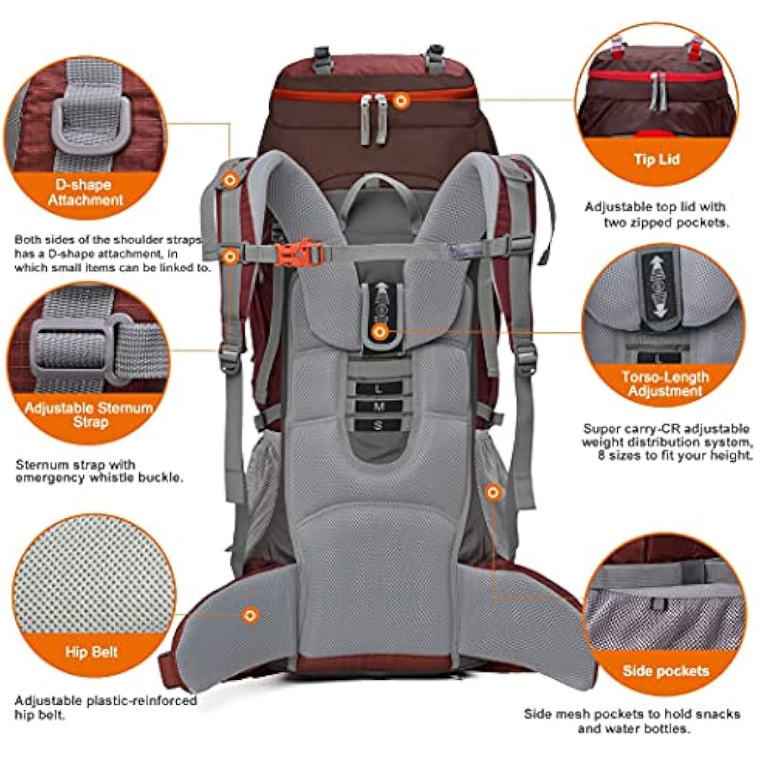 MOUNTAINTOP 70L Hiking Backpack water-resistant Internal Frame Backpacks Large Trekking Mountaineering Rucksack with Rain Cover for Men Women Cover Outdoor