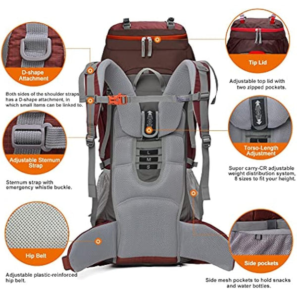MOUNTAINTOP 70L Hiking Backpack water-resistant Internal Frame Backpacks Large Trekking Mountaineering Rucksack with Rain Cover for Men Women Cover Outdoor