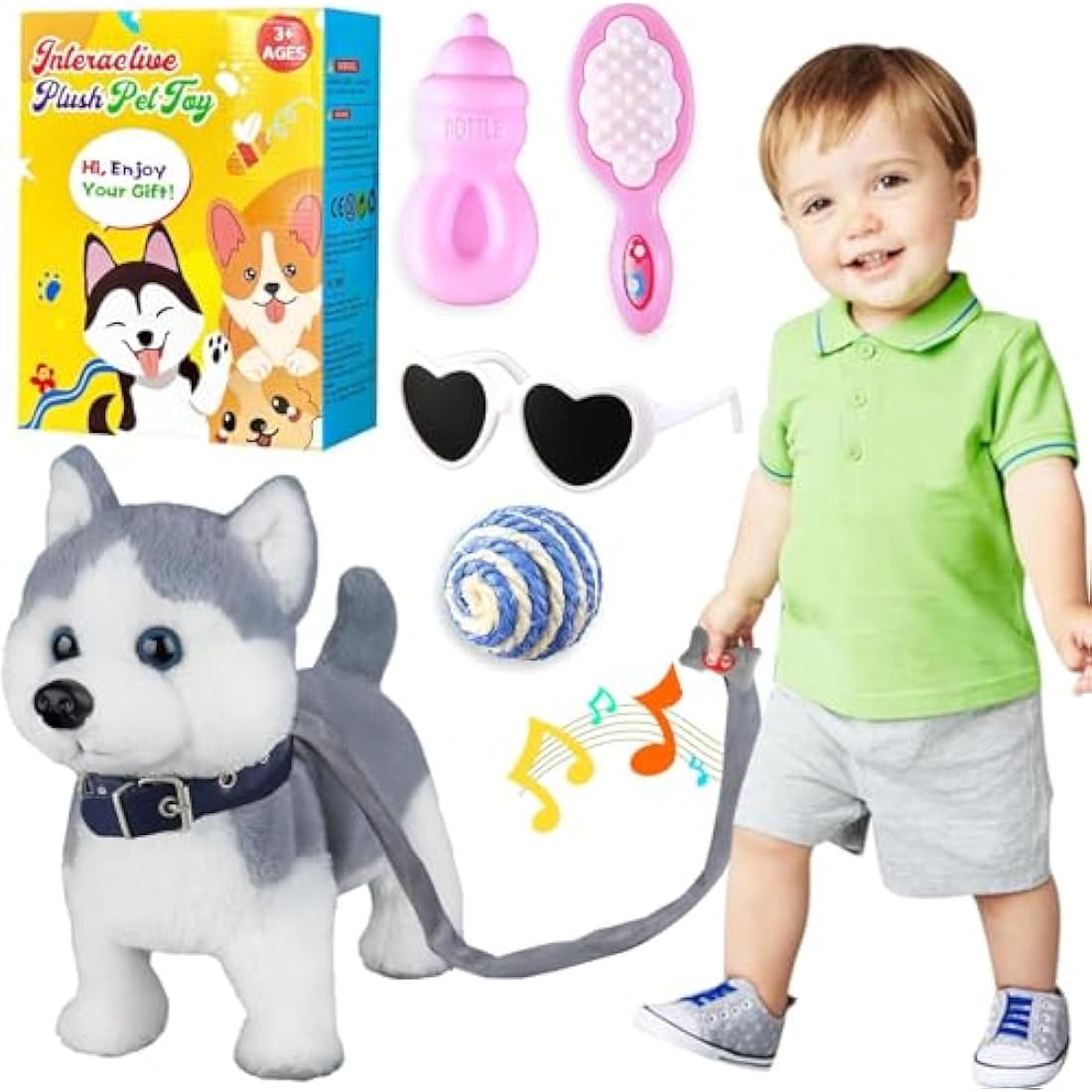 Marsjoy Husky Walking and Barking Puppy Dog Toy with Control Leash,Realistic Wagging Tail Robot Interactive Musical Dancing Animated Plush Stuffed Animal Electronic Pet for Kids Toddlers
