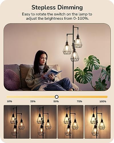 EDISHINE Industrial Floor Lamp with 3 LED Bulbs, Diamond Cage Lampshade, Dimmable Standing Lamp for Living Room, Bedroom, Office, E27 Sockets