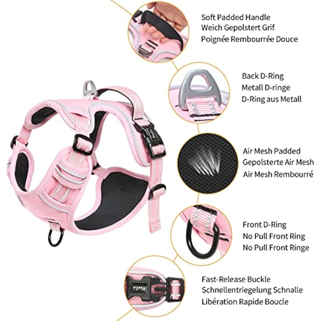 HEELE Dog Harness, Reflective Dog Harness, with Padded Handle Control, 2 Metal Rings, Harness for Small Medium and Large Dogs, Pink, M
