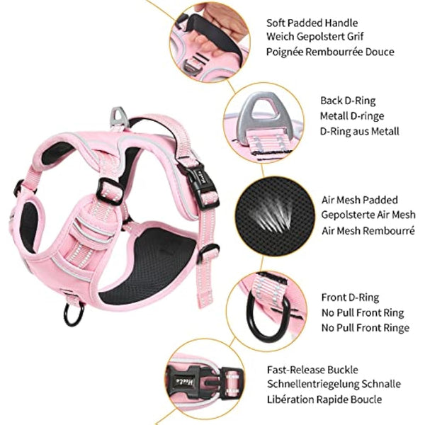 HEELE Dog Harness, Reflective Dog Harness, with Padded Handle Control, 2 Metal Rings, Harness for Small Medium and Large Dogs, Pink, L