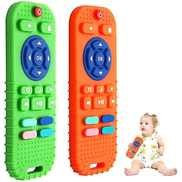 Hooku 2 Pack Silicone Teething Toys for Babies 0-6 Months, Teethers 6-12, Remote Teether Baby, Sensory, Chew, Toddler Infant Newborn Gifts, Green-Orange