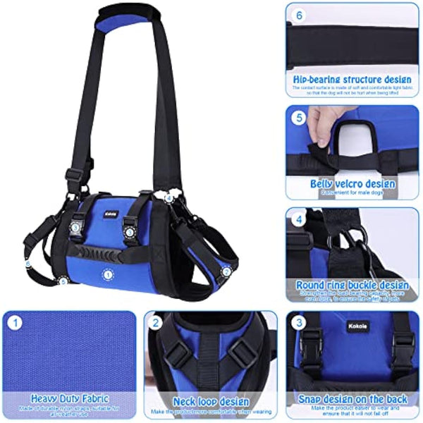 Dog Carry Sling, Emergency Backpack Pet Legs Support & Rehabilitation Dog Lift Harness for Nail Trimming, Dog Carrier for Senior Dogs Joint Injuries, Arthritis, Up and Down Stairs (Blue, XL)