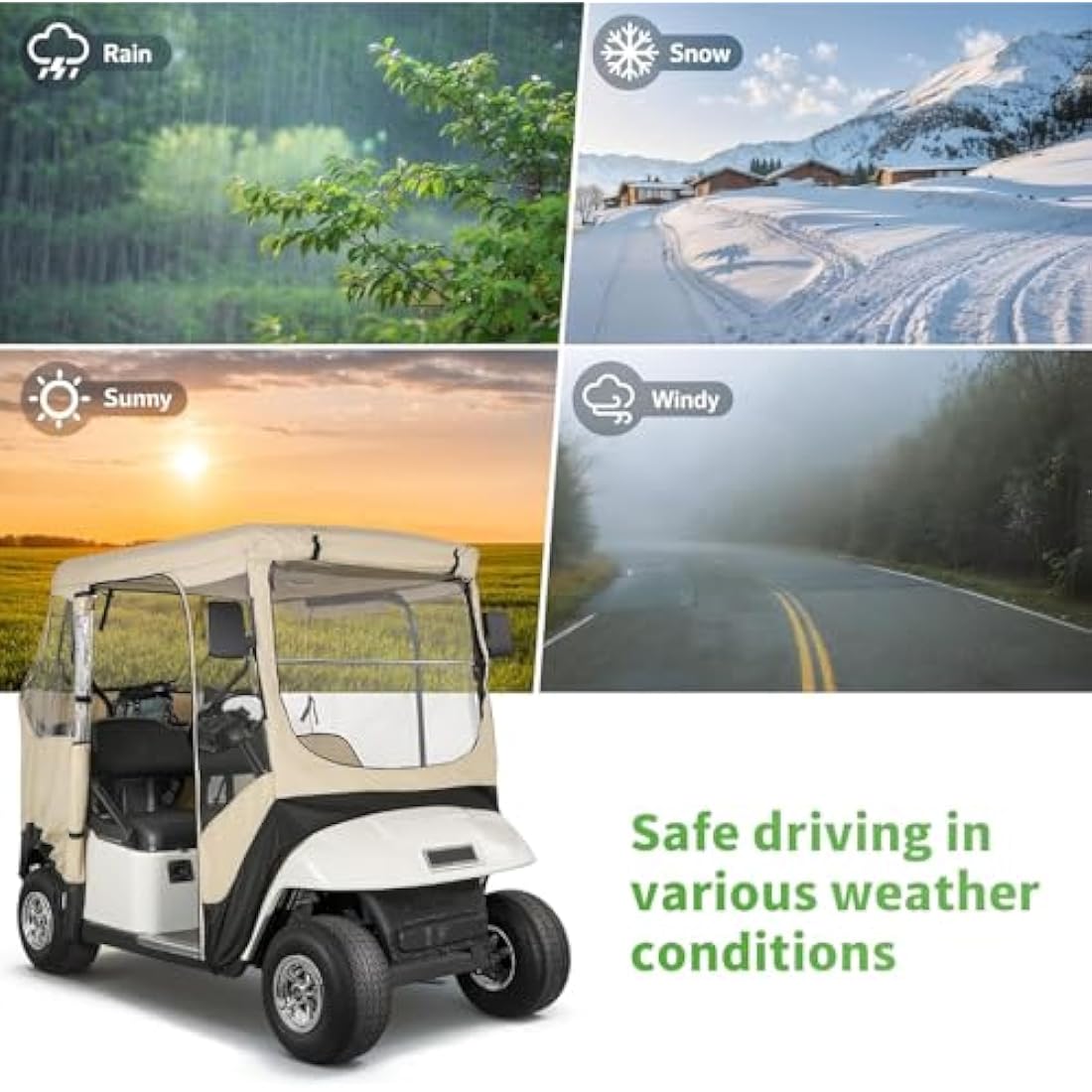 10L0L Golf Cart Enclosure Fit for 2 Passengers EZGO TXT RXV,600D Waterproof Snowproof Golf Buggy Keep Warm Cover, 2 Door Zippers 4-Side Clear Window and 4 Windproof Hooks Golf Cart Rain Cover, Black