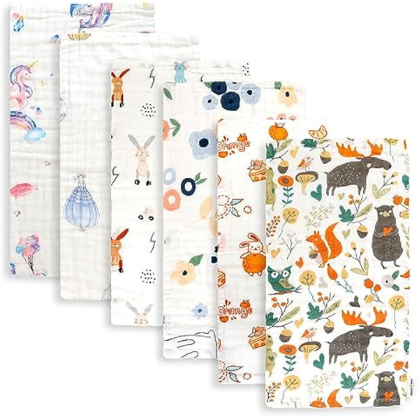 Maliton Muslin Cloths for Baby,6pk 50x25CM Burp Cloths for Baby Girls,100% Cotton Absorbent& Soft& Breathable 6 Layers Baby Muslins Pack,Muslin Squares Baby Essentials for Newborn(Fairy Tale, 6 Pack)