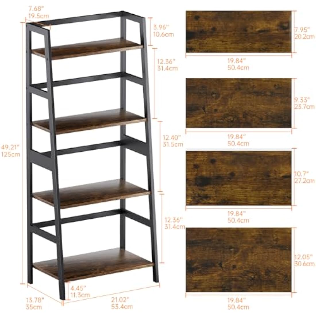 HITNET Ladder Shelf, 4 Tier Bookshelf, Freestanding Bathroom Storage Shelving Unit with Bamboo Frame for Living Room, Home Office, Bedroom, Rustic Brown and Black