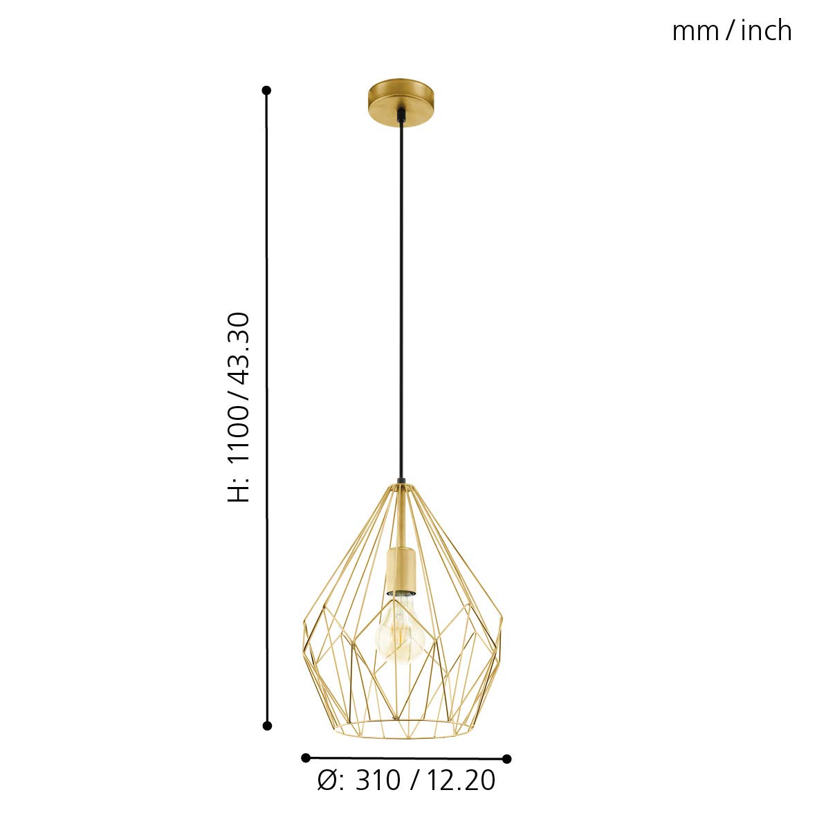Eglo Carlton Vintage Pendant Light, Retro Gold Steel Hanging lamp, E27 Socket