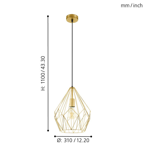 Eglo Carlton Vintage Pendant Light, Retro Gold Steel Hanging lamp, E27 Socket