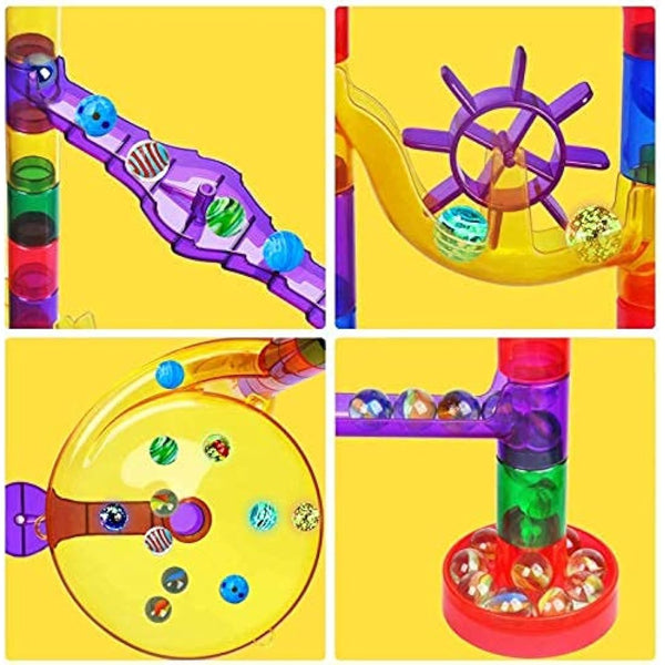 LOYO Glowing Marble Run, 132pcs Marble Run Toy STEM Educational Learning Toy Gift for Boys Girls 4 5 6 7 8 + Year Old (102 Translucent Marbulous Pcs & 30 Glass Marbles)