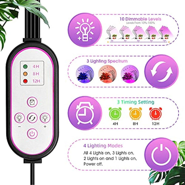 wolezek Grow Lights for Indoor Plants, 80 LEDs 4 Heads Full Spectrum Red & Blue Plant Light with Clip, Grow Lamp with 10 Dimming Level, 4/8/12H Auto Timer, 3 Switch Modes for Seedlings and Succulents