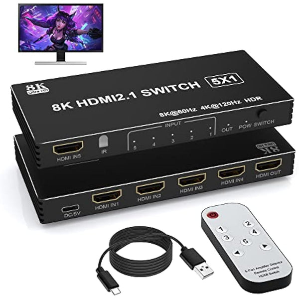8K HDMI Switch 5 in 1 out HDMI Splitter with Remote, 5 Port Switcher for PS5 Xbox PS4 Roku PC TV