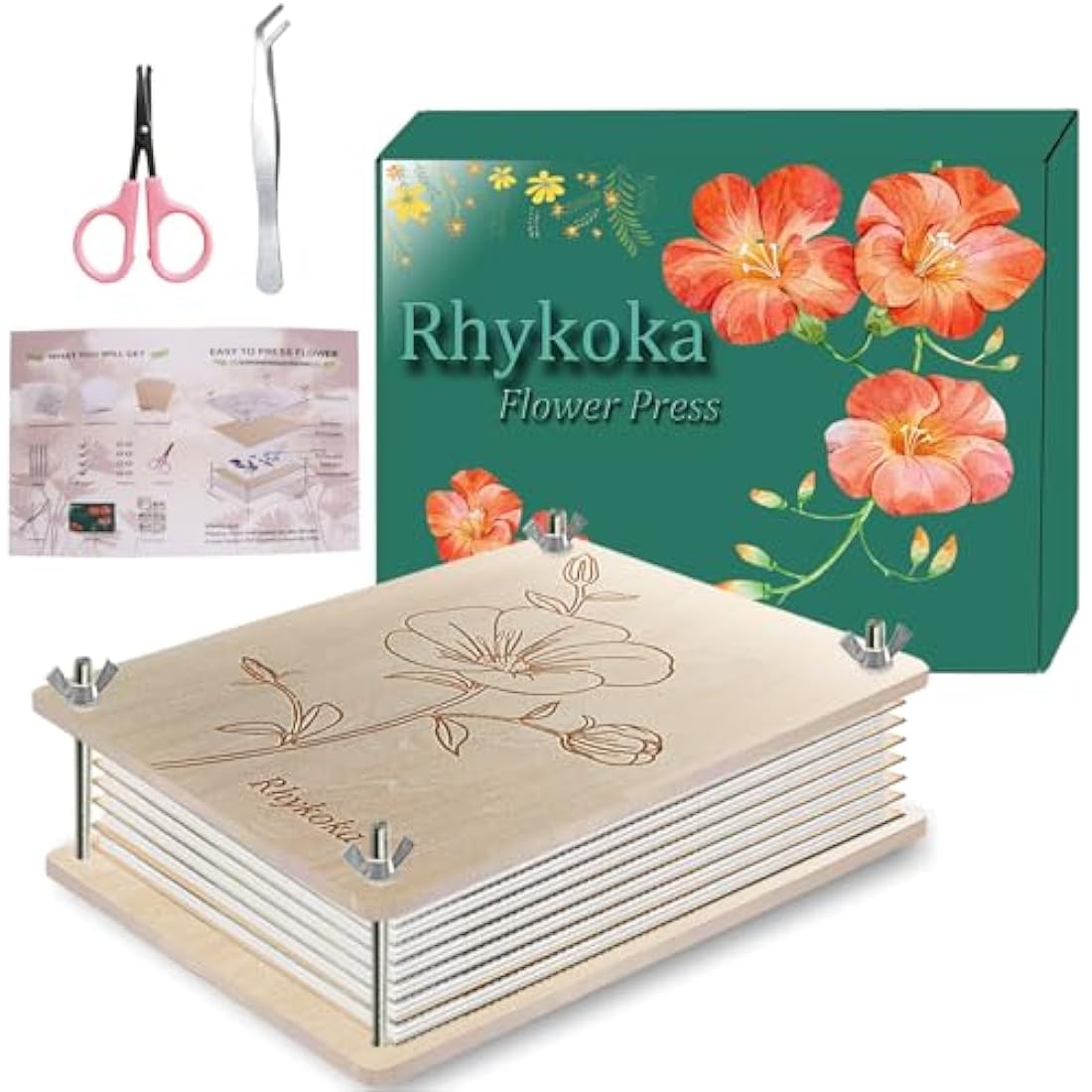 Rhykoka Professional Flower Press, 8 Layers 6.3x8.3 inch (16x21cm) Flower Press Kit Wooden Leaf Pressing Kit for Kids Adults with Clear Instruction, Nice Gift for DIY Dried Flowers Lovers (Wooden)