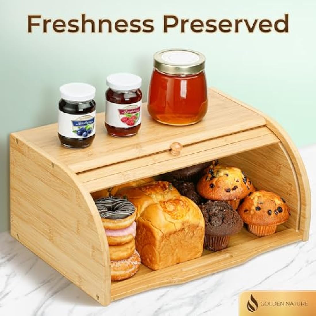 Golden Nature Bamboo Bread Box for Kitchen Countertop - Large Wooden Food Keeper w/Rolling Lid - Vintage Storage Bin for Bagels, Muffins, Cupcakes & Cookies