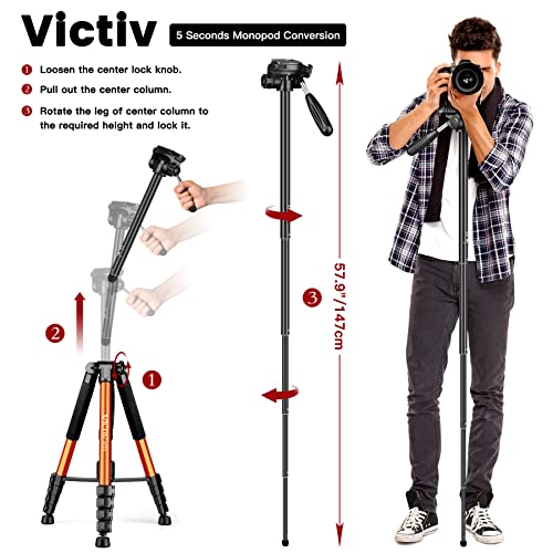 Victiv 72-inch Camera Tripod Aluminum Monopod T72 Max. Height 182cm- Lightweight and Compact for Travel with 3-way Swivel Head and 2 Quick Release Plates for DSLR Video Shooting - Black