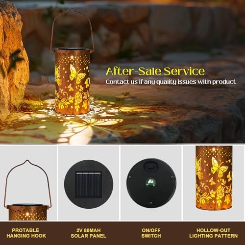 2 Pack Butterfly Solar Lanterns Outdoor Hanging Lantern Lights, Butterfly Hollowed-Out Metal Decor Lantern, Butterfly Garden Decoration for Patio, Yard