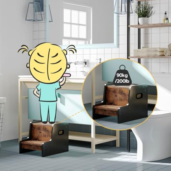 HOOBRO Step Stool for Kids, Two Step Toddler's Stool, Wooden Step Stool with Non-Slip Pads, Safe and Sturdy, Easy to Move, for Sink, Kitchen, Bathroom, Bedroom, Rustic Brown and Black EBF01JD01G1