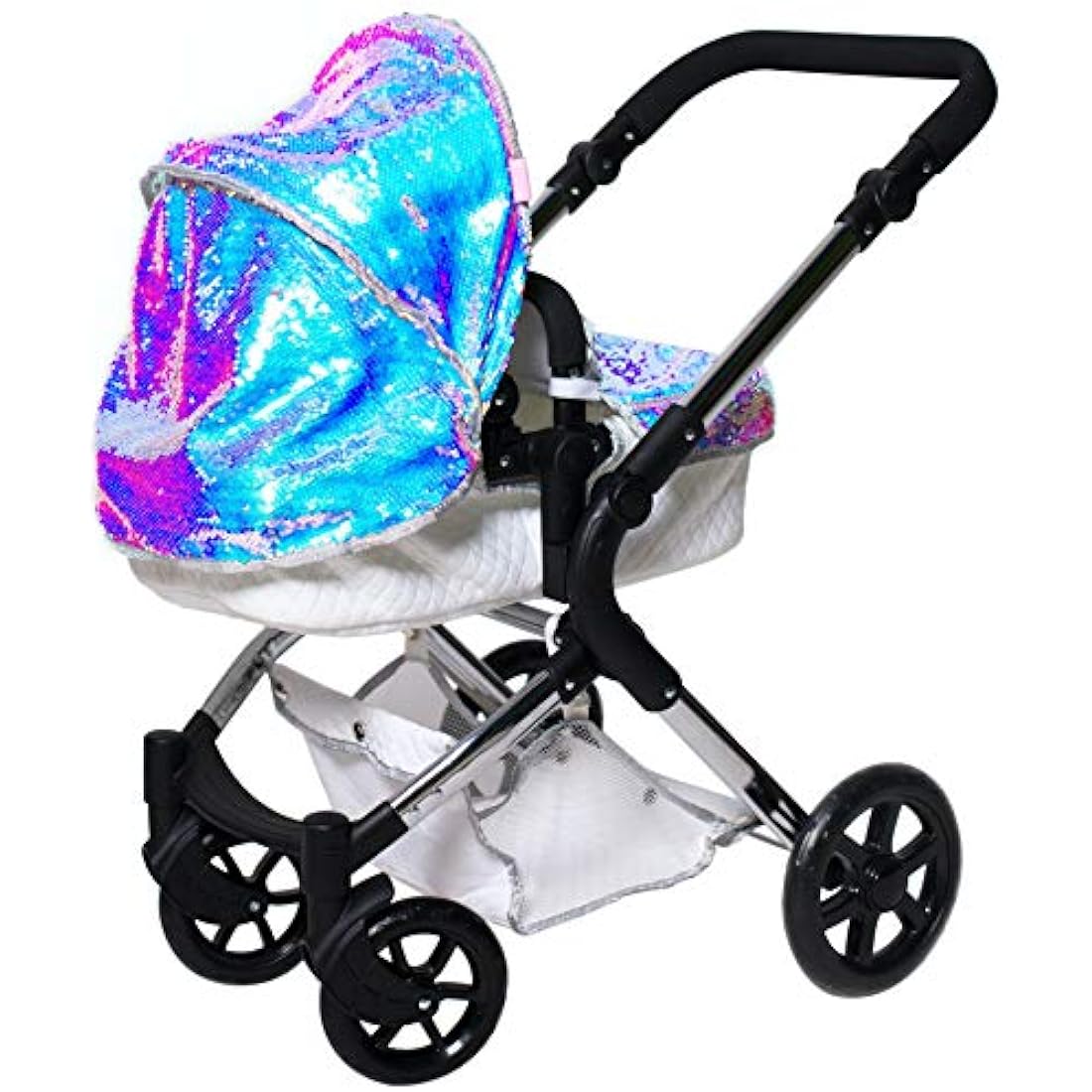 Roma Polly Single Dolls Pram - 2-in-1 Mermaid Dolls Pushchair for 3-9 Years, Lightweight Frame, Adjustable Handle, Carry Cot, Shopping Basket, Coordinating Bag, For Dollys or teddies up to 42cm