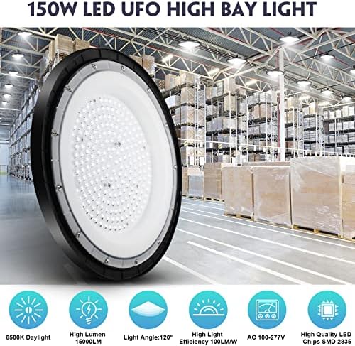 CheDux 150W UFO LED High Bay Light 4 Pack,15000LM Industrial UFO Lamp, 6000K-6500K Daylight White Ultra Thin LED Warehouse Lighting,IP65 Waterproof Commercial Bay Lighting Shop Workshop Lights