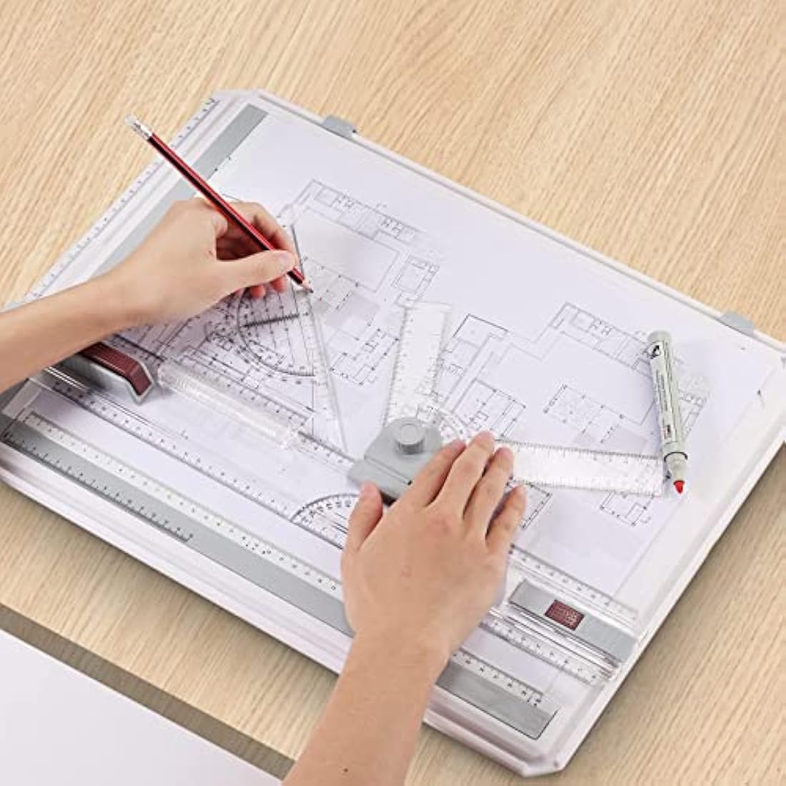 eSynic A3 Drawing Board Set, A3 Multifunction Drafting Table Adjustable Measuring System Angle Parallel Motion Drawing Board with Protractor, Paper Locator, Sliding Ruler, Anti Slip Support Leg