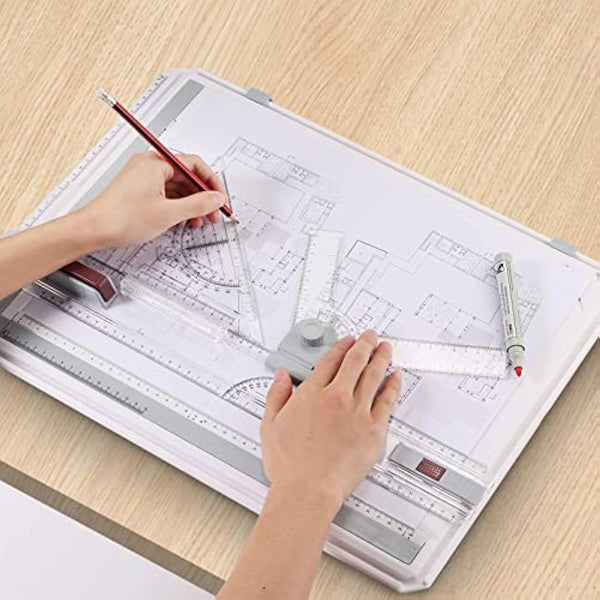 eSynic A3 Drawing Board Set, A3 Multifunction Drafting Table Adjustable Measuring System Angle Parallel Motion Drawing Board with Protractor, Paper Locator, Sliding Ruler, Anti Slip Support Leg