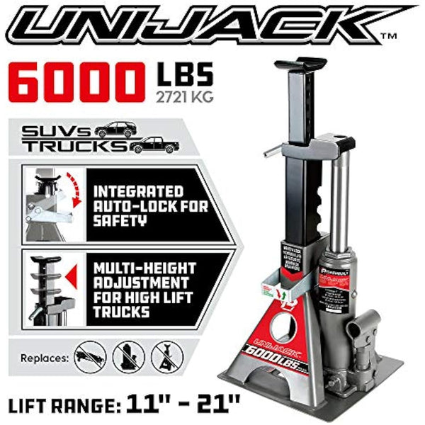 Powerbuilt 620471 3 Ton All-in-One Hydraulic Bottle Jack and Jackstand in One Unit,Compact,Wide Base, Eliminates Jackstands, for Unibody, Trucks, SUVs, RVs,Cars,Trailers,ASME,Black,11-21 Inch