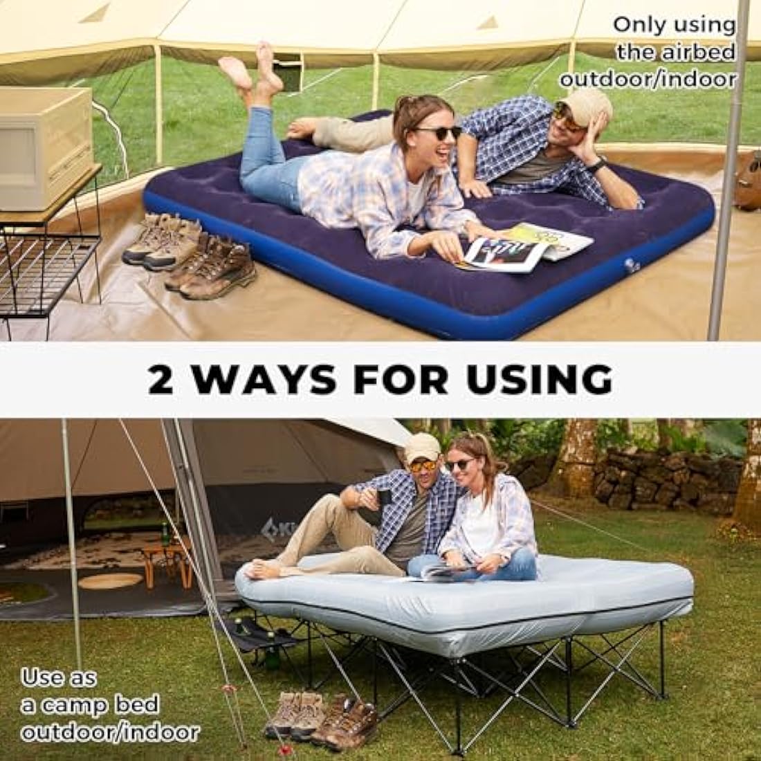 FUNDANGO Camping Beds Double with Air Mattress Folding Camp Beds 2 Person with Mattress Camping Cot Portable Air Bed with Air Pump Side Table Sleeping Cot Guest Bed for Travel Fishing Picnic Indoor