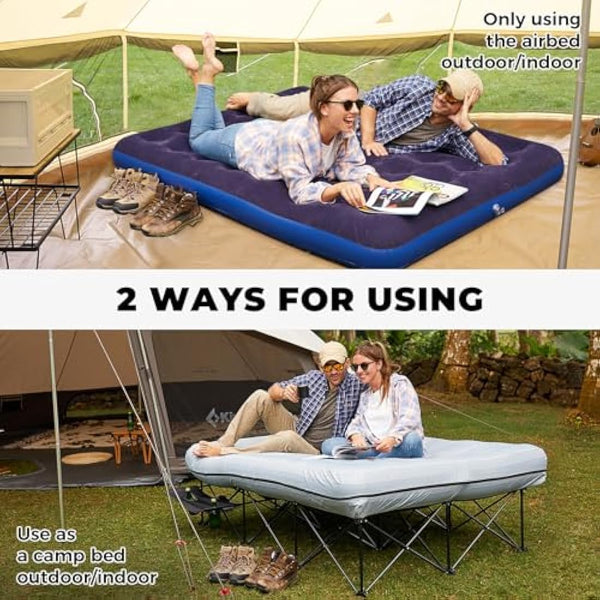 FUNDANGO Camping Beds Double with Air Mattress Folding Camp Beds 2 Person with Mattress Camping Cot Portable Air Bed with Air Pump Side Table Sleeping Cot Guest Bed for Travel Fishing Picnic Indoor
