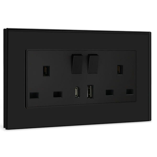 BSEED Double Socket 13A with LED Indicator, Double Switched Wall Socket 2 Gang UK Standard, Electric Switched Plug Power Wall Outlet with Glass Panel, Grey