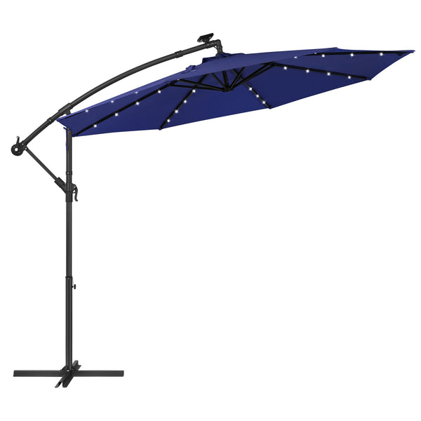SONGMICS Cantilever Garden Parasol with Solar-Powered LED Lights, 3 m Banana Patio Umbrella with Base, Crank for Opening Closing, Sunshade with Protection UPF 50+, Beige GPU118M01
