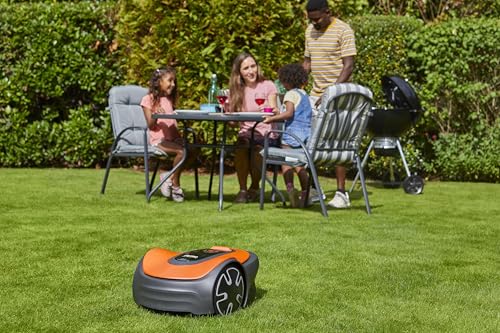 Flymo EasiLife 250 GO Robotic Lawn Mower - Cuts Up to 250 sq m, Ultra Quiet Mowing, Manicured Lawn, Bluetooth Application Control, Safety Sensors, Hose Washable, Lifestyle Functions, Orange and Grey