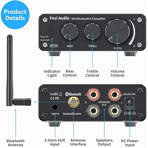 Fosi Audio BT10A Bluetooth 5.0 Amplifier Stereo Power Amplifier, 2 Channel Class D Mini Hi-Fi Integrated TPA3116 Audio Amp, for Home Speakers 50W x 2, with 19V 4.74A UK Power Supply