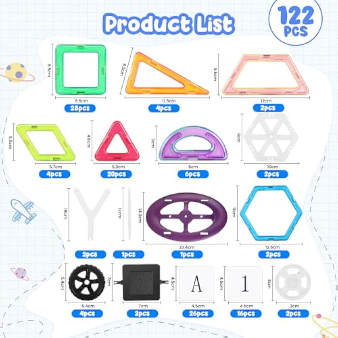 aaczly Magnetic Tiles 122PCS Magnetic Building Blocks Magnets for Kids Construction Toys Learning STEM Educational for 3+ Years Old Boys Girls Christmas Birthday Gifts