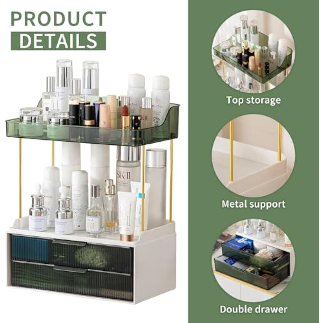 IJIAMY Makeup Organiser Storage Drawers, Cosmetic Organisers, Skincare Cosmetic Organizer, Dressing Table Organiser for Lipsticks,Jewelery, Bedroom, Bathroom