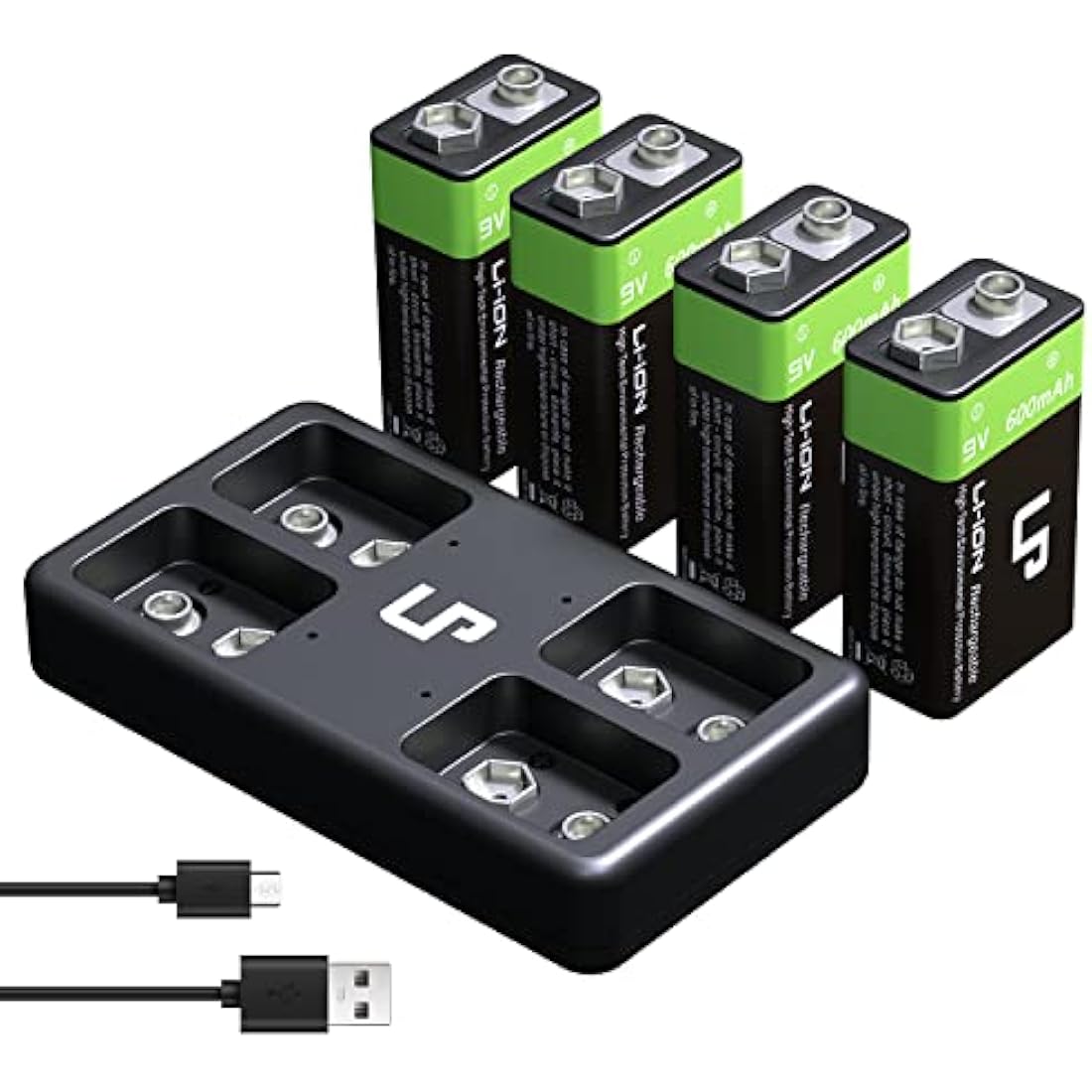 9V Rechargeable Battery Charger Pack, LP 4-Pack 600mAh 9 Volt Li-ion Batteries & 4-Bay Battery Charger for Alarms, Wireless Microphones, Smoke Detectors, Toys, Flashlights, Guitar, Keyboard & More